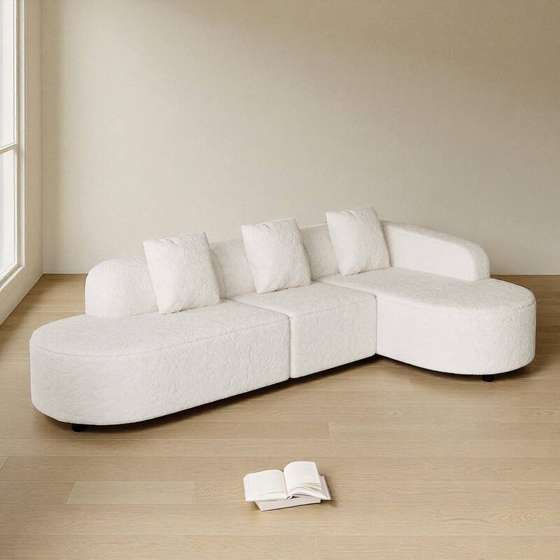 111.8" Curved L-Shaped Modular Sofa with Lychee-Textured Long-Pile Polyester Fabric and 3 Pillows for Living Room - White