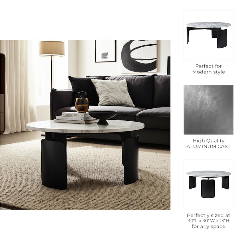 Marble and Cast Aluminum Coffee Table Modern Metal Base - 13" Black - 30" x 30" x 13"