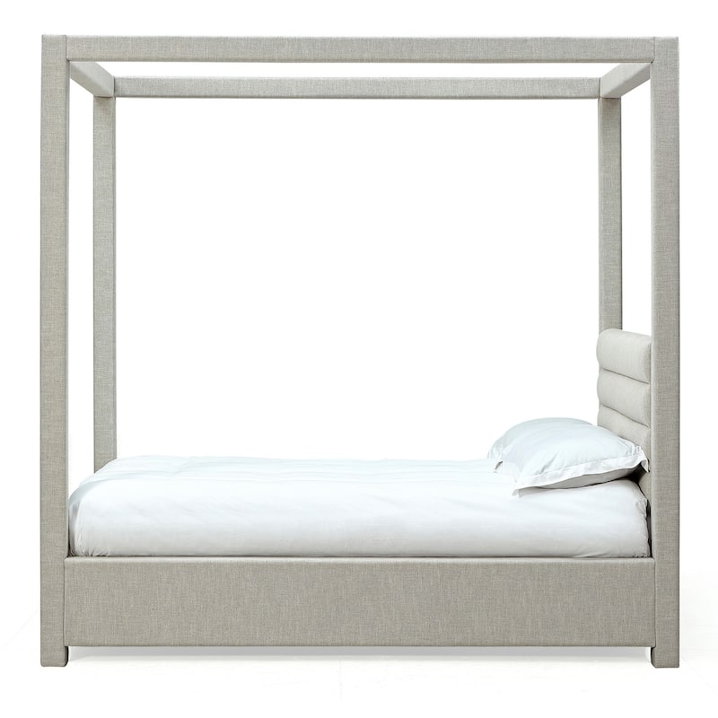 Riu King Size Canopy Bed, Panel Headboard with Tufted Gray Linen Upholstery