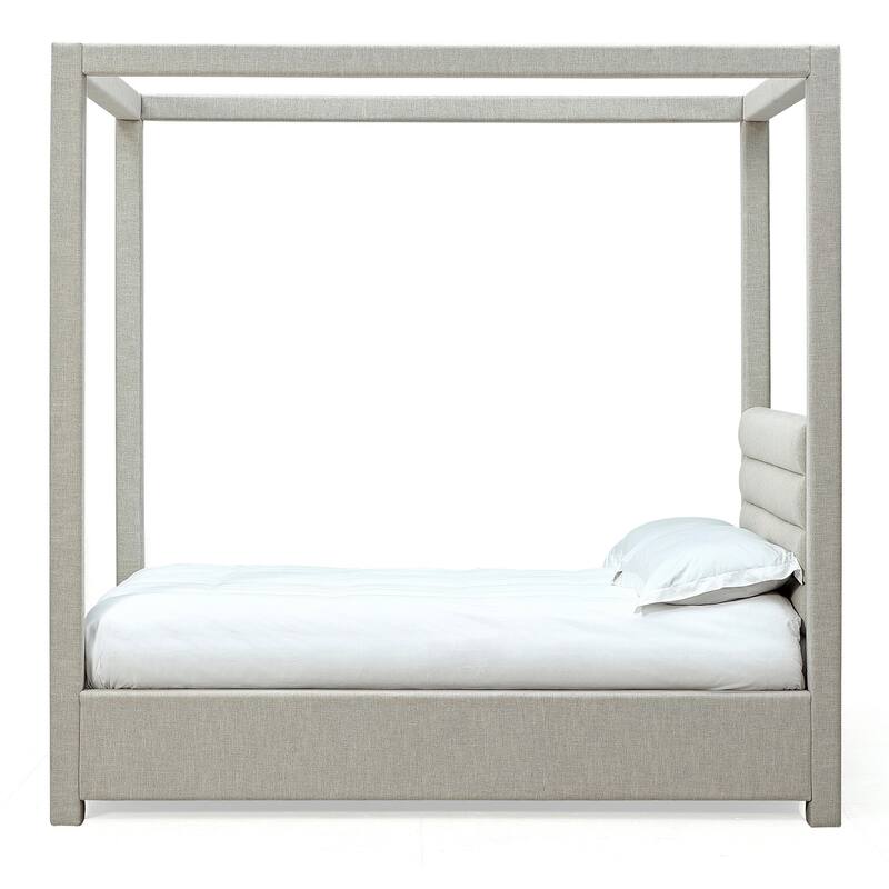 Riu Queen Size Canopy Bed, Panel Headboard, Tufted Gray Linen Upholstery