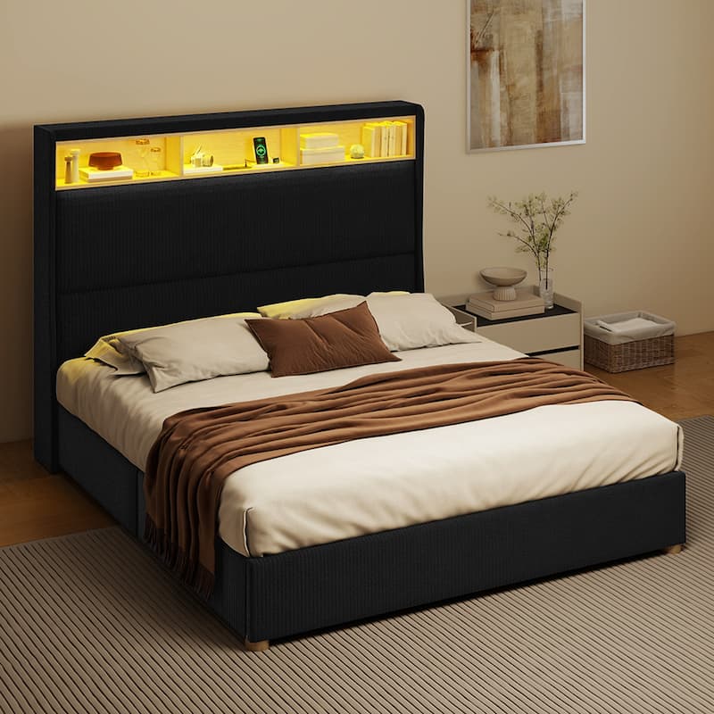 Moasis Corduroy Upholstered Platform Bed Frame with Charging Station and RGB LED Lights - Black - King