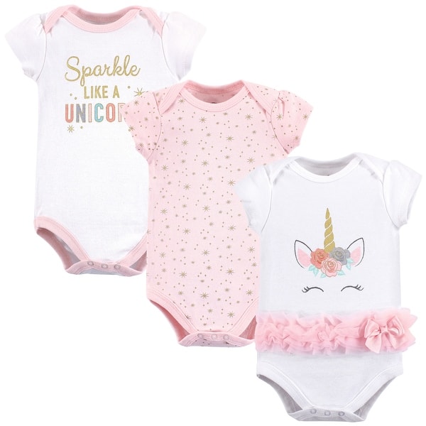 slide 1 of 1, Little Treasure Baby Girl Cotton Bodysuits 3pk, Unicorn 0-3 Months - Unicorn