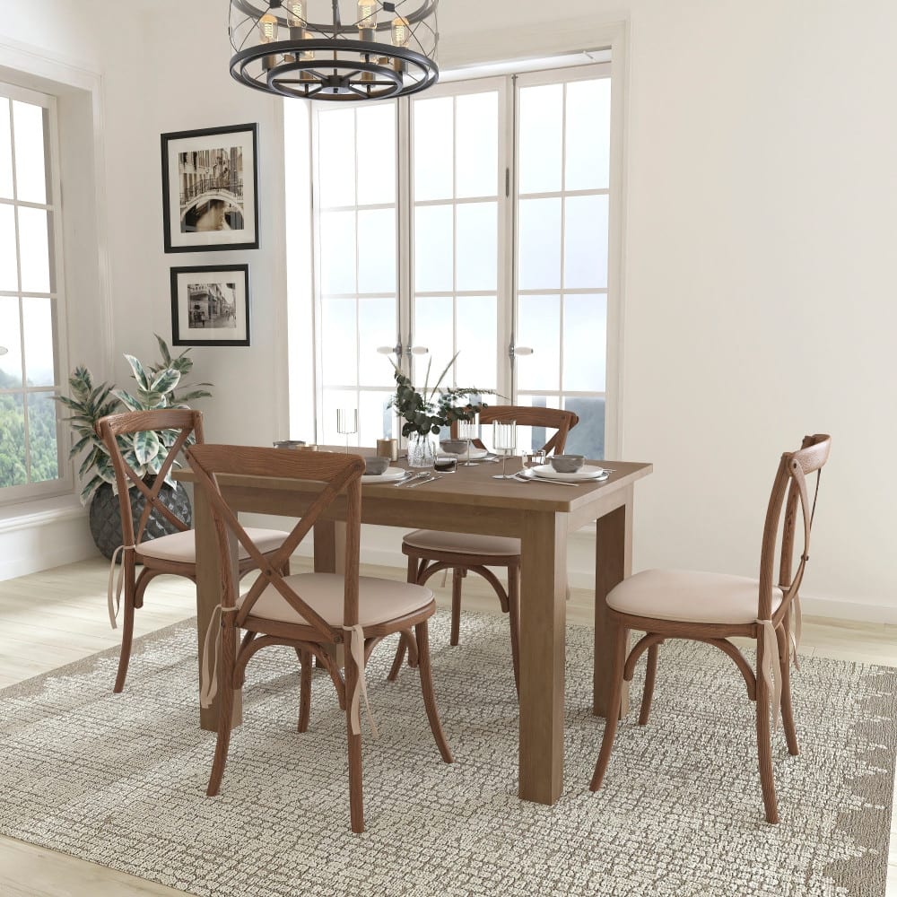 46" x 30" Antique Rustic Farm Table Set with 4 Cross Back Chairs and Cushions