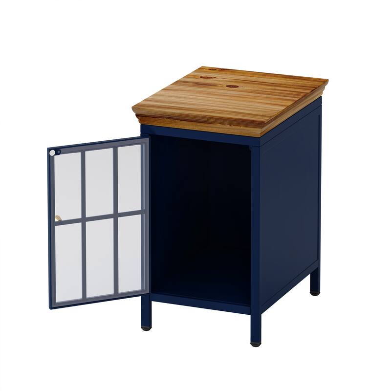 Nightstand With Storage Cabinet & Solid Wood Tabletop - Blue