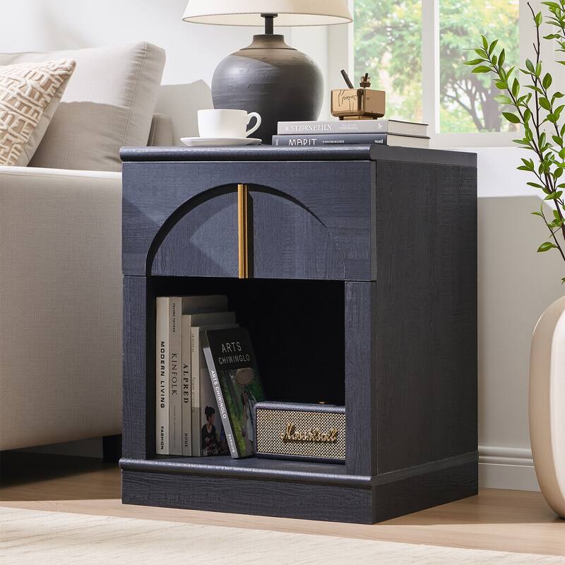 Modern Nightstand w/ Arched Panel, Bedside Table w/ Charging Station