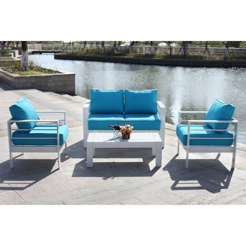 SAFAVIEH Outdoor Camila 4-Piece Set - 50W x 26D x 26H - White/Teal