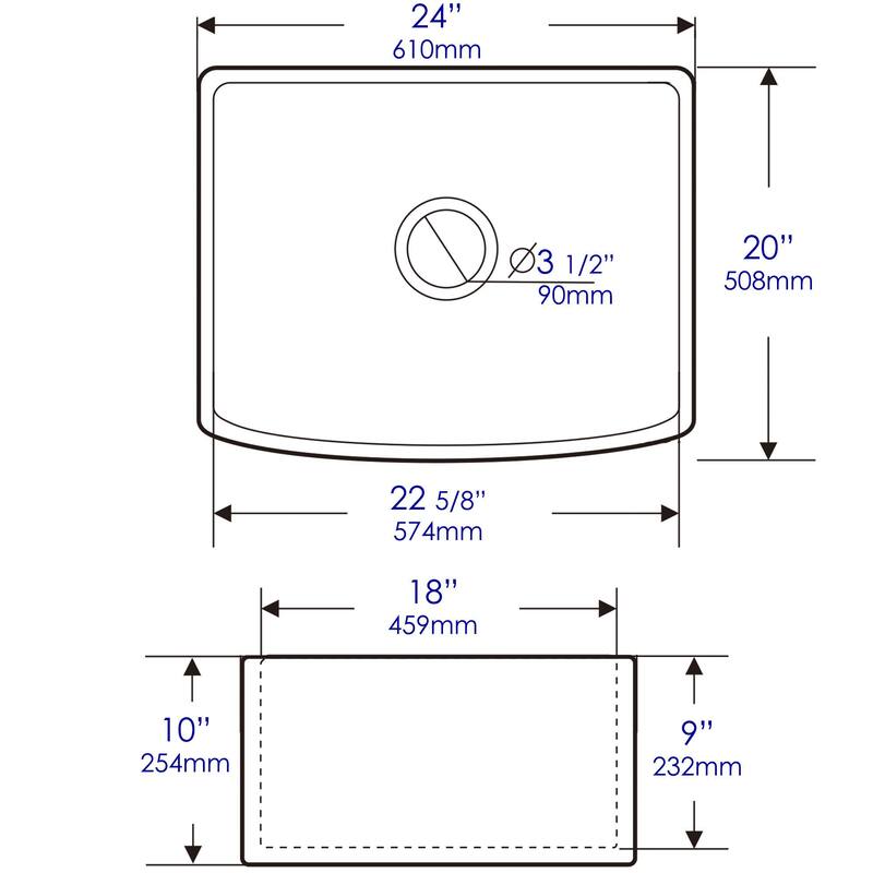 ALFI Brand White Smooth Curved Apron 24" x 20" Single Bowl Fireclay Farm Sink with Grid