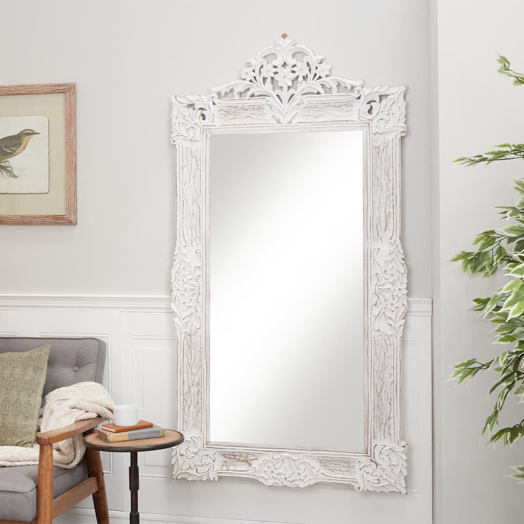 White Wood Intricately Carved Acanthus Floral Room Wall Mirror