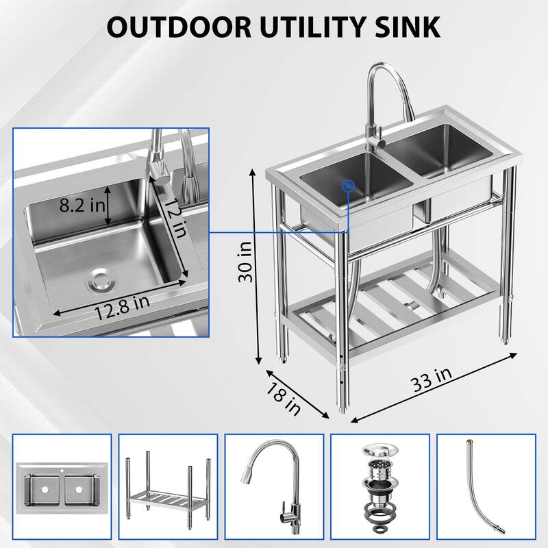 33x18x30 Inch Free Standing Dual Bowl Kitchen Utility Sink with Faucet