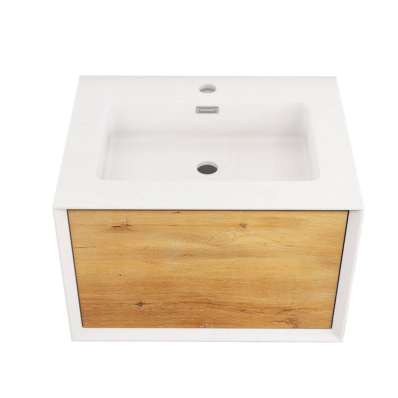 Wall-Mounted 1-drawer Bathroom Vanity Set in White and Oak with Integrated Solid Surface Sink