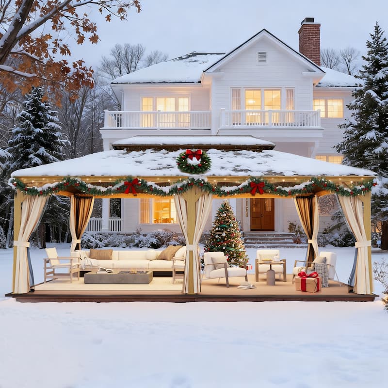 Outdoor Galvanized Steel Roof Gazebo Pergola w Wooden Coated Alumninum Frame, Privacy Curtains and Nettings Include