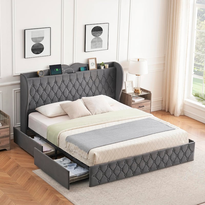 Grey Upholstered Platform Bed with Drawers and Charging Station