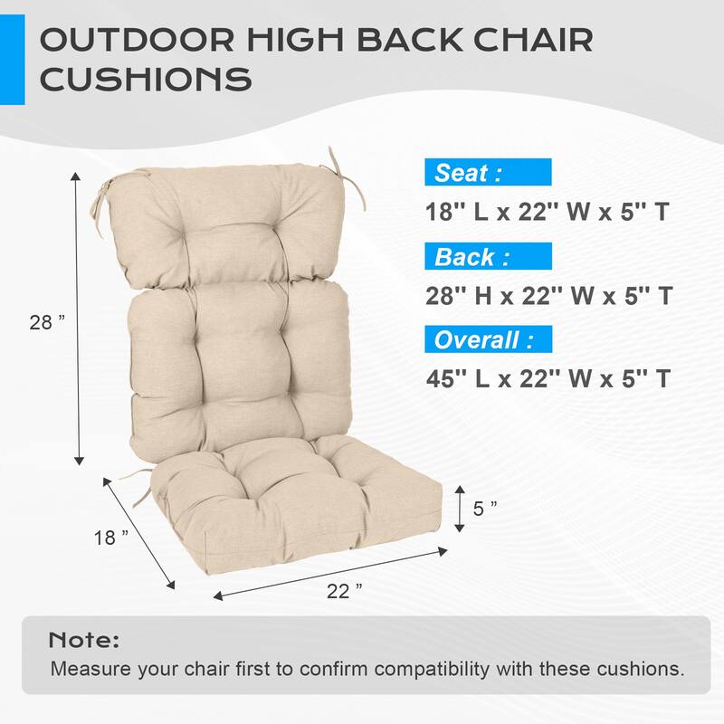 Aoodor Outdoor 45"x 22" x5" Tufted High Back Cushions Patio Replacement Chair Cushion with Ties, Set of 2 - 45" x 22" x 5"