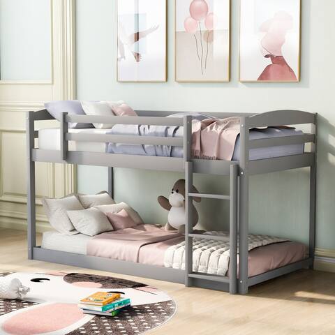 Twin over Twin Floor Bunk Bed with Ladder, Grey