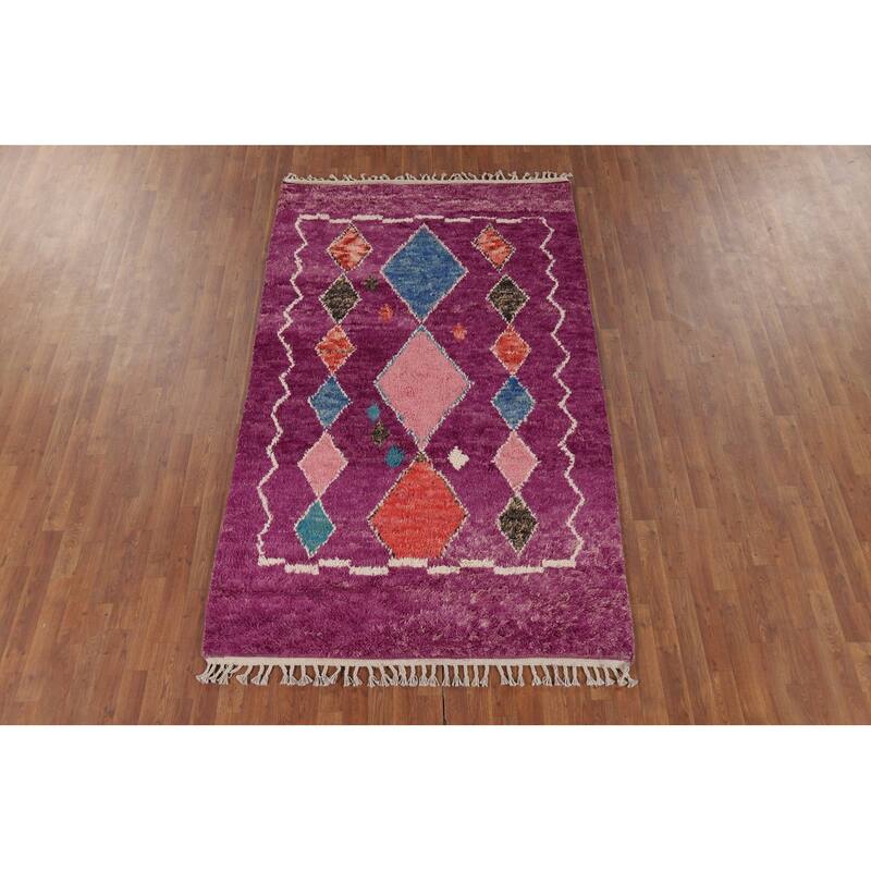 Hand Knotted Oriental 100% Wool Carpet Modern Geometric Purples Moroccan Area Rug - 8' 6'' X 4' 11''
