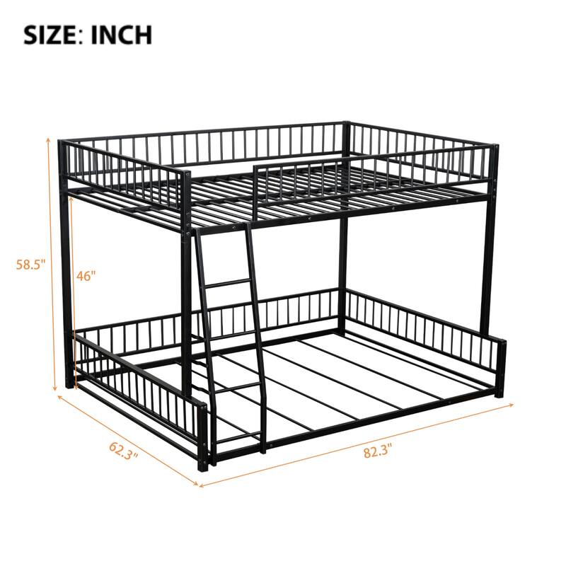 Full XL over Queen Metal Bunk Bed with Ladder and Safety Guardrails, Space-Saving Design, Black