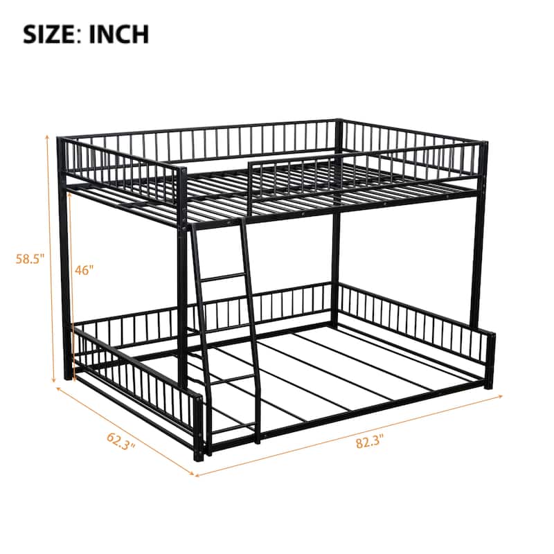 Metal Twin XL/Full XL over Queen Bunk Bed Frame with Ladder, Safety Rails, Space-Saving Floor Design