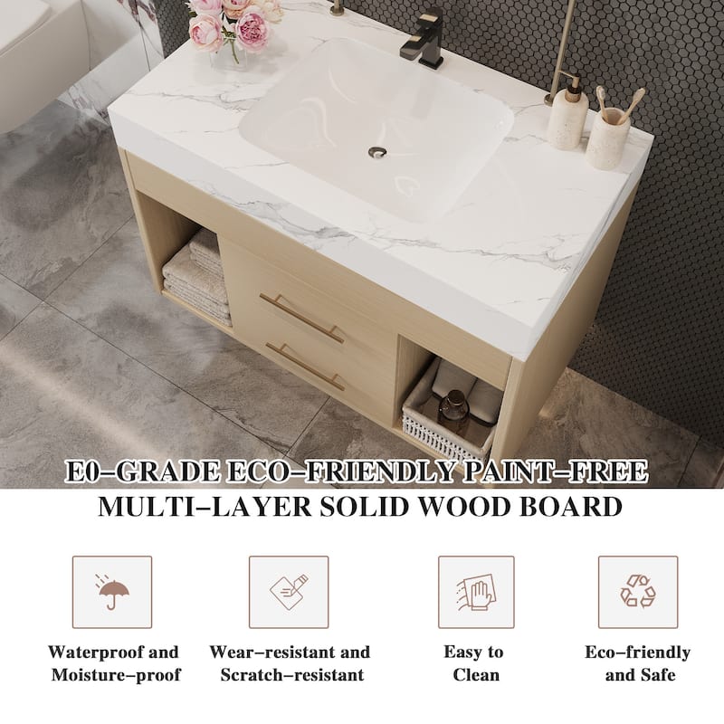 29.9-inch floating bathroom vanity with sintered stone countertop and ceramic undermount sink
