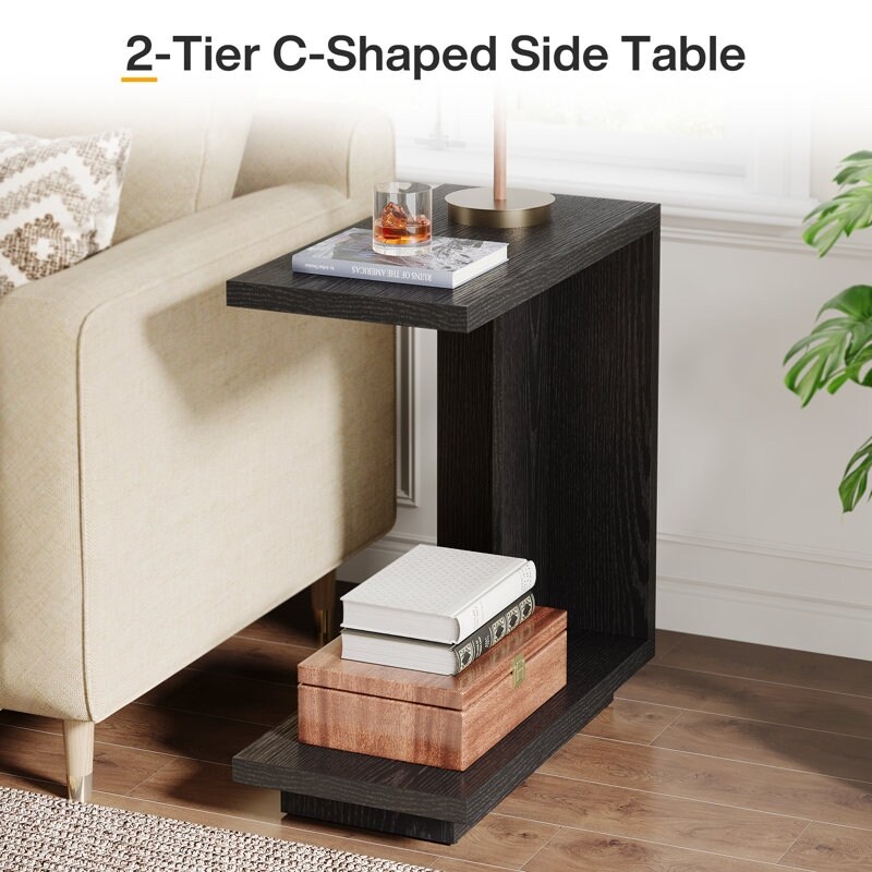 C-shaped Side Table Set Of 2, 2-tier Narrow End Table Wood
