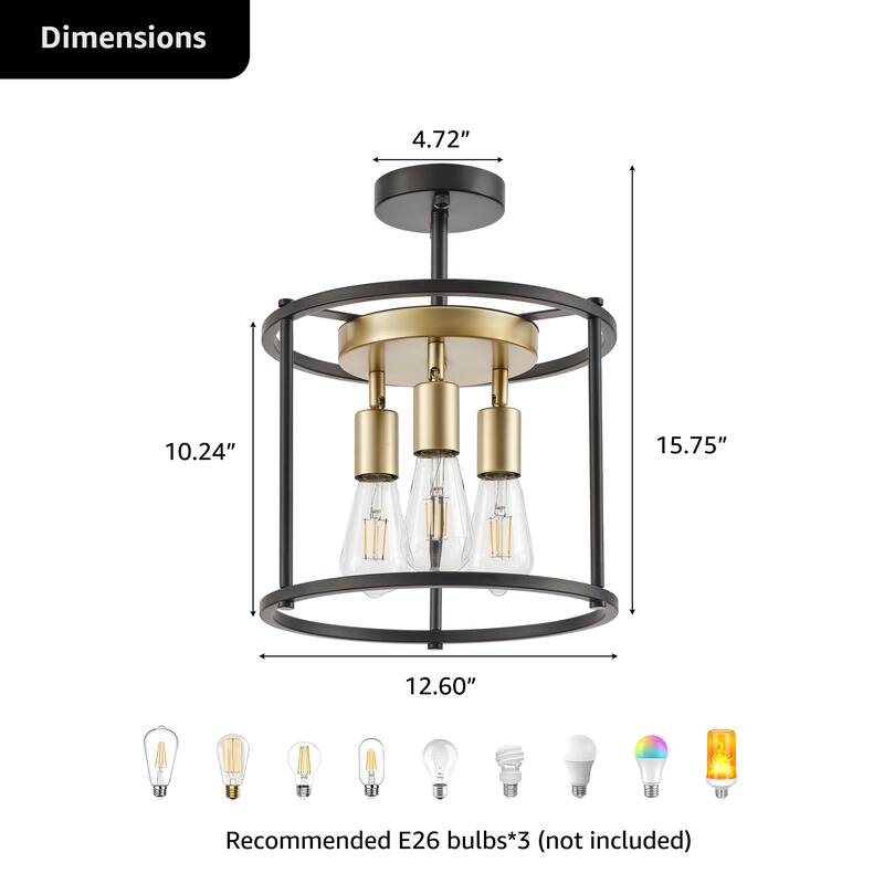 Starsky 3-Light 12inch Farmhouse Round Semi Flush Mount - Black&Gold