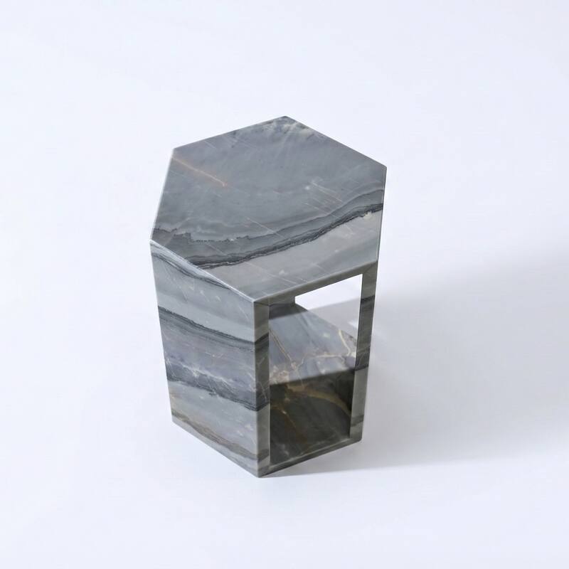 Roomfitters Luxury Natural Marble Hexagon Side Table, Solid Stone Geometric Pedestal End Table, Polished Finish