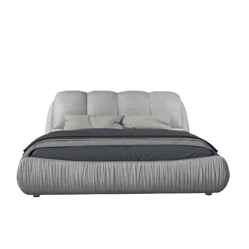 Queen Size Upholstered Platform Bed with Cushioned Headboard - Sturdy Solid Wood Frame.