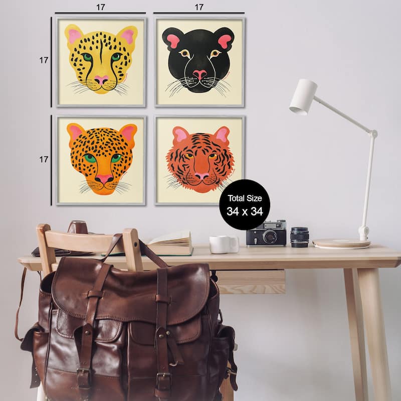 Stupell Modern Jungle Wildlife Faces Framed Giclee Art Design By Carrie Cantwell (Set of 4)
