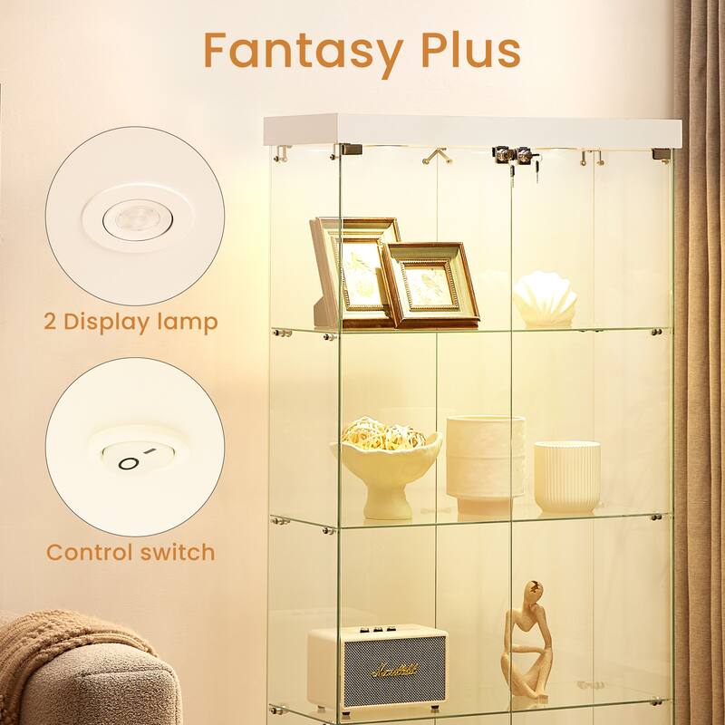 4-Tier Double Glass Door Display Bookshelf with Two Locks and 2 Lamp