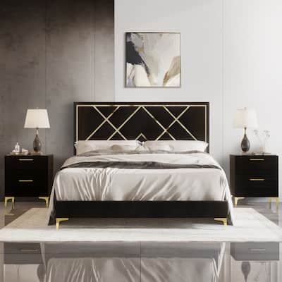 CraftPorch 3 Piece Bedroom Nightstands Set Velvet Upholstered Bed