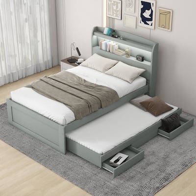 Gray Twin XL Platform Bed with LED Headboard & Drawers