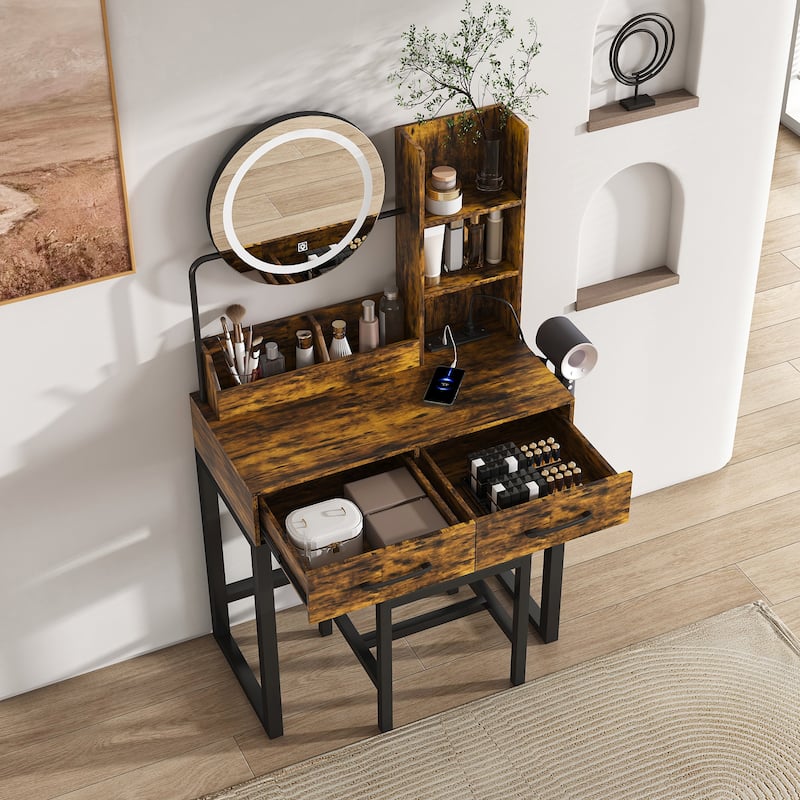 Makeup Vanity Desk with Round Mirror and Lights,Power Outlet, Vanity Makeup Table with 2 big Drawers,Metal Leg and Metal Chair