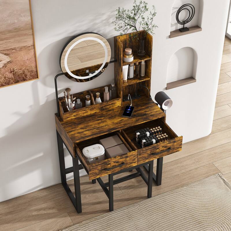 Makeup Vanity Dressing Table with Round LED Makeup Mirror & Metal Chair