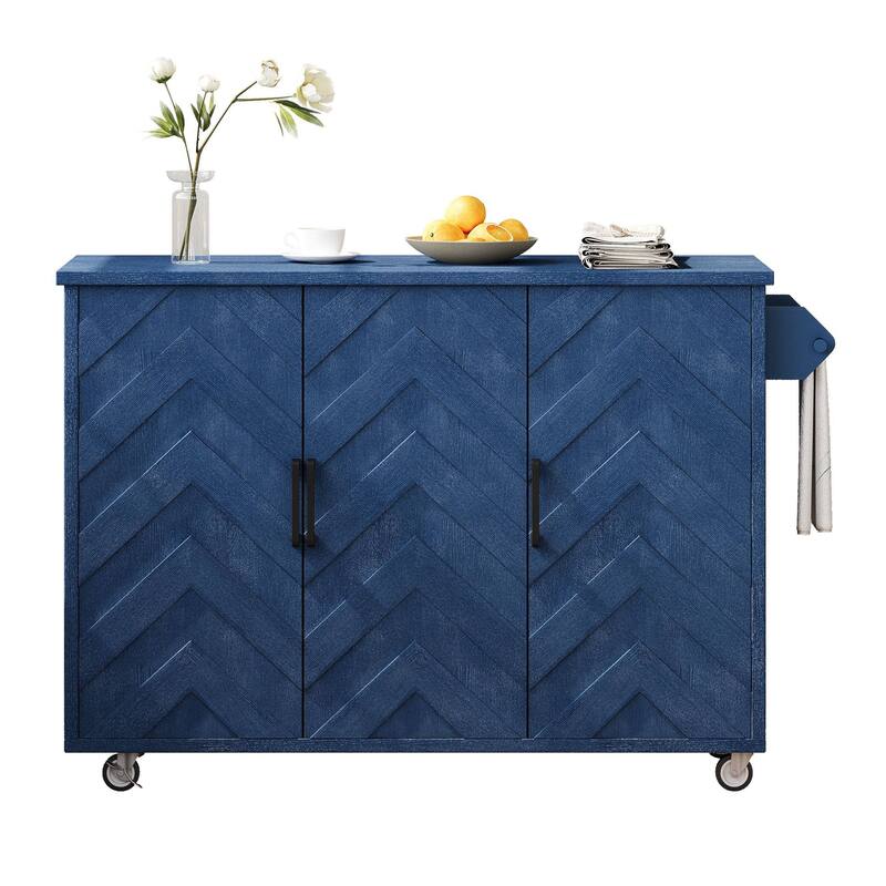 Rolling Kitchen Island with Drop Leaf, Ash Veneer Handwoven Doors, Internal Storage Rack, and Wheels - 51.2" Coastal Design