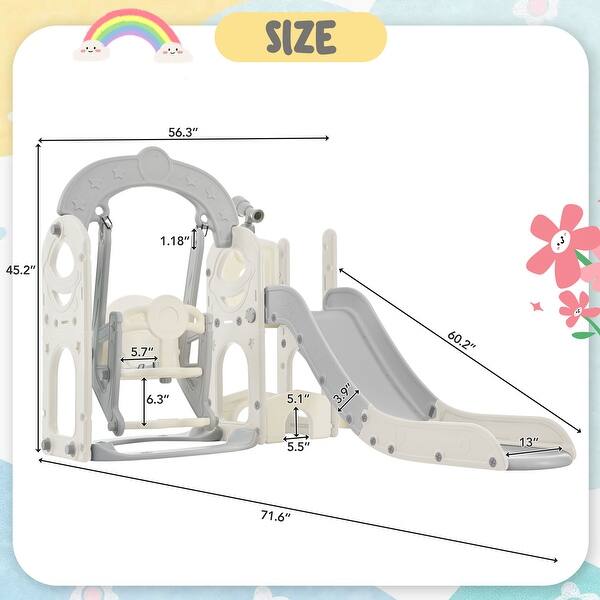 dimension image slide 3 of 5, 5 in 1 Toddler Slide and Swing Set - Indoor & Outdoor Kids Playground Climber with Telescope - 71.6'' L x 56.3'' W x 45.2'' H