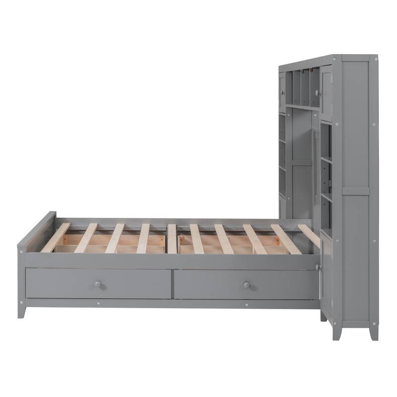 Full Size Platform Bed with All-in-One Cabinet and Shelf, Wooden Full Beds Frame with 4 Storage Drawers and Bookcase Headboard