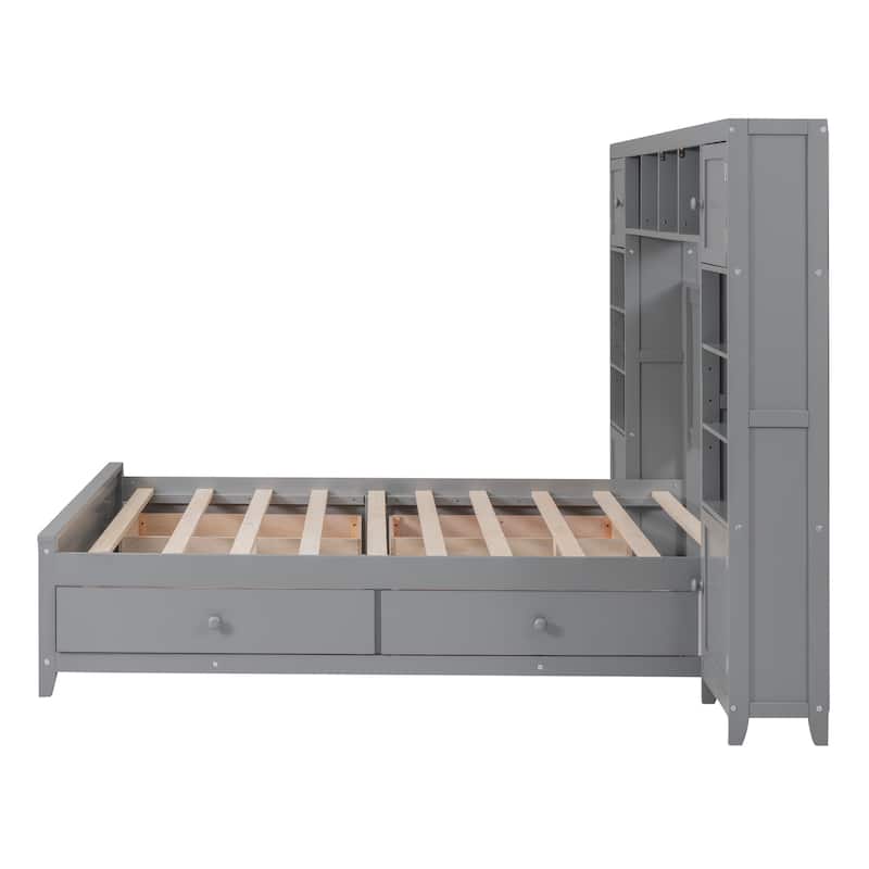 Full Solid Wood Platform Bed with Built-In Cabinet & Shelf