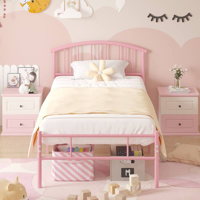 14 Inch Twin Size Bed Frame Metal Platform Bed with Spindle Headboard Footboard Set of 2