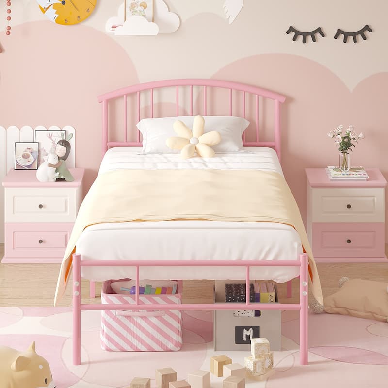 VECELO Kids Bed Frame with Headboard & Metal Slat,Twin Size Bed Set of 2