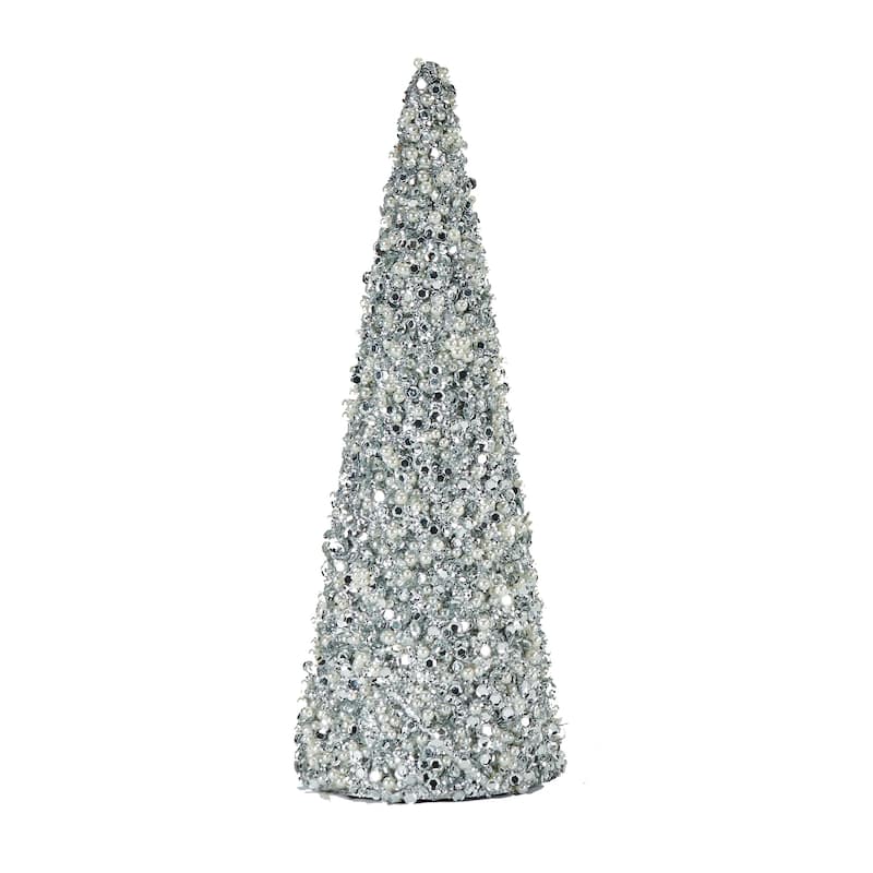 11.8" Glitter Bead And Sequin Artificial Tabletop Christmas Tree, Silver, Set of 2 - 11.8