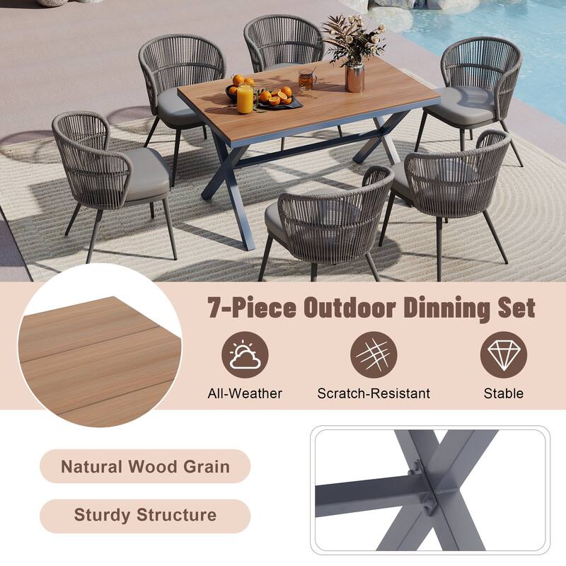 Outdoor 7-Piece Dining Chair with Shell-Shaped backrest and Table Set