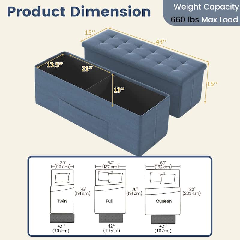 Gymax 43'' Folding Storage Ottoman Bench w/ Removable Divider & Side