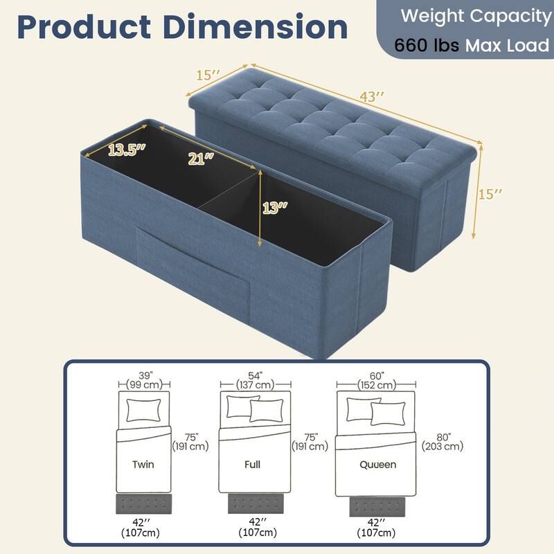 Large 38 Gallon Linen Fabric Storage Ottoman Bench Folding Multipurpose Footrest and Seat with Foam Cushion - 43" × 15" × 15"