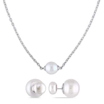Miadora Sterling Silver White FW Cultured Pearl Station Necklace & Stud Earrings Set (9-13mm)