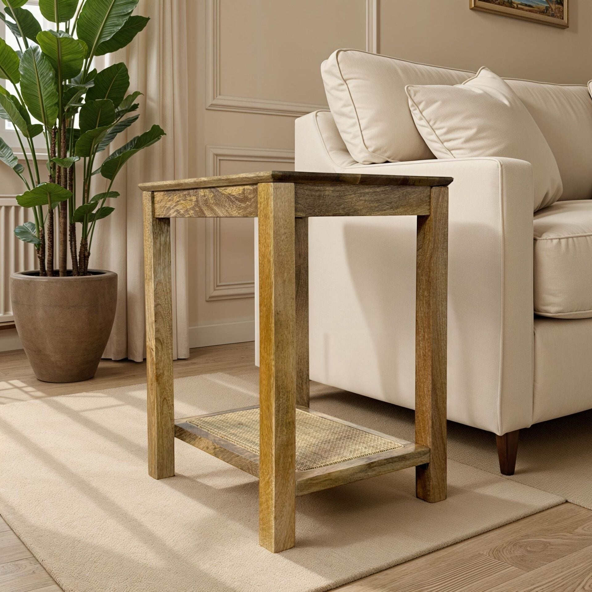 Haven 22″ Accent Table with Handwoven 1 Cane Shelf – Elegant Blonde Acacia Square Top Wooden Side Table