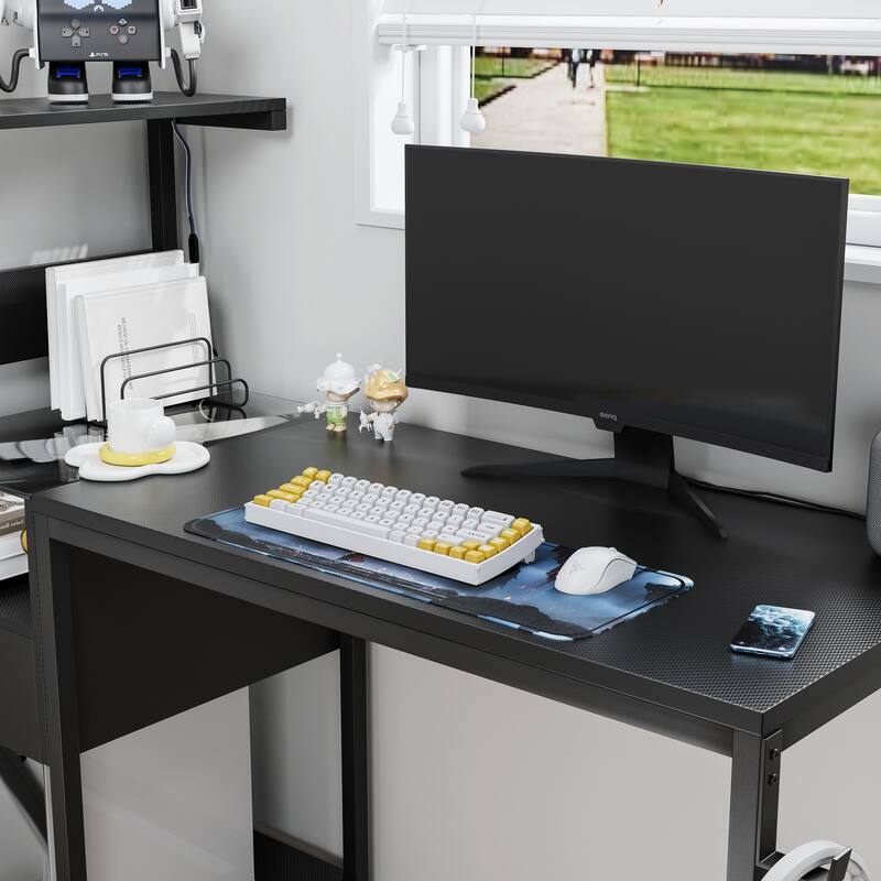 Computer Desk with Power Outlet and Storage Shelves, Study Writing Table with USB Ports, PC Desk Workstation for Home Office