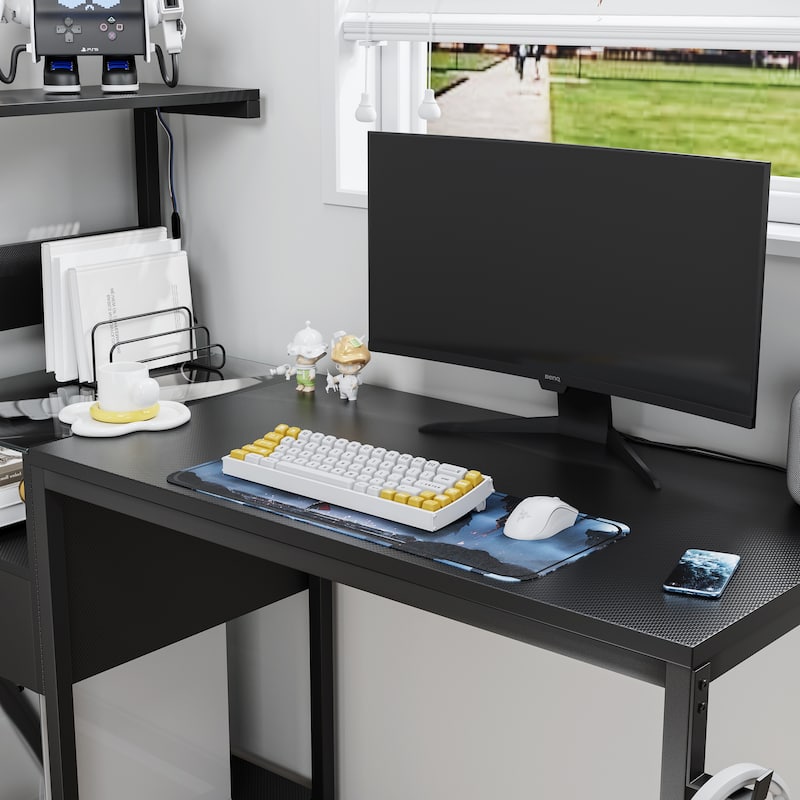 Reversible Computer Desk Study Writing Table with LED Lights, USB Charging Ports, Shelves and Drawer for Home Office