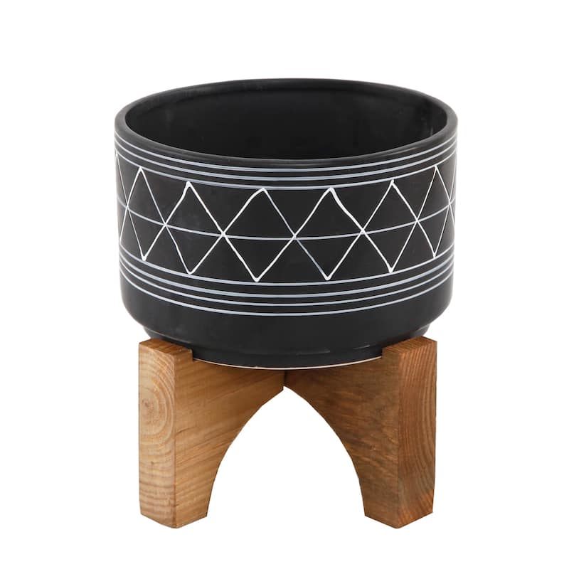 7" Black White Line Geo Ceramic On Stand