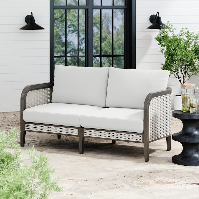 Twila Bohemian Outdoor Upholstered Rattan Patio Seating with Solid Wood Frame - 1 Loveseat - Linen White/Graphite