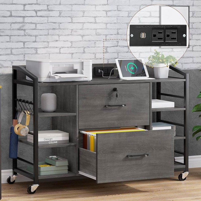 Solid Wood Printer Stand Bookcase with Lock and Power