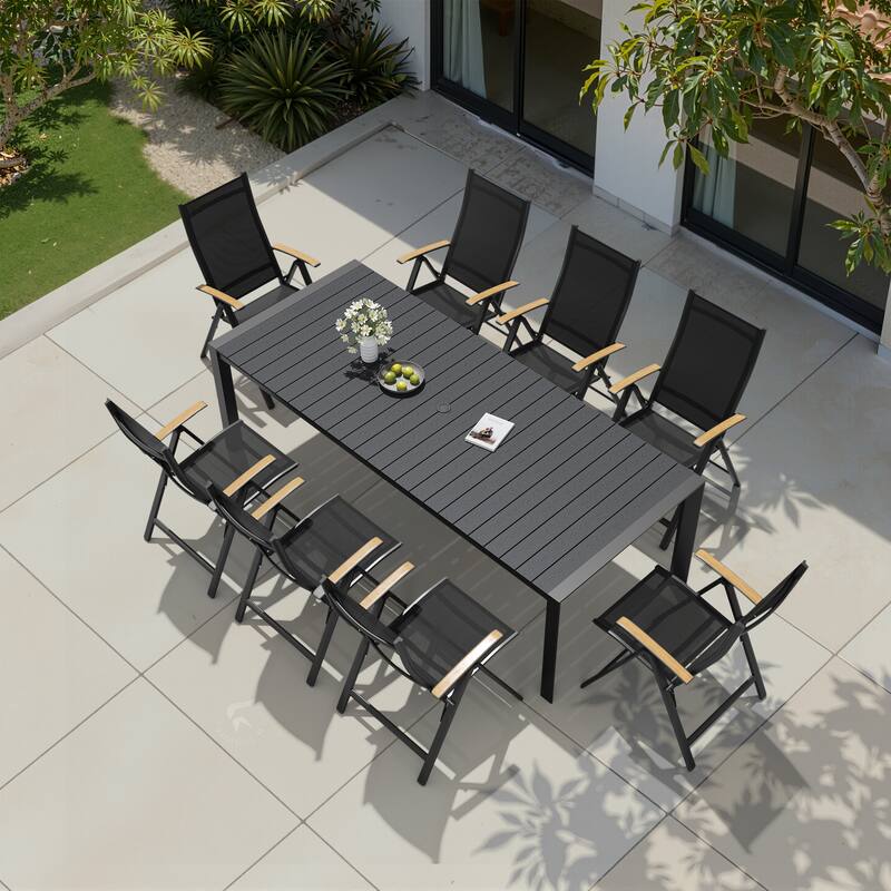 9-Piece Outdoor Patio Dining Set Wood Like Table Top Aluminum Rectangular Umbrella Hole Table with Folding Armrest Chairs